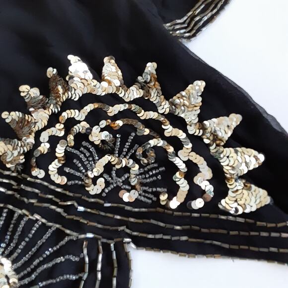 Vintage 1980s 100% Silk Tunic Blouse Black Beaded Statement Collar Long Sleeve S - Picture 7 of 16